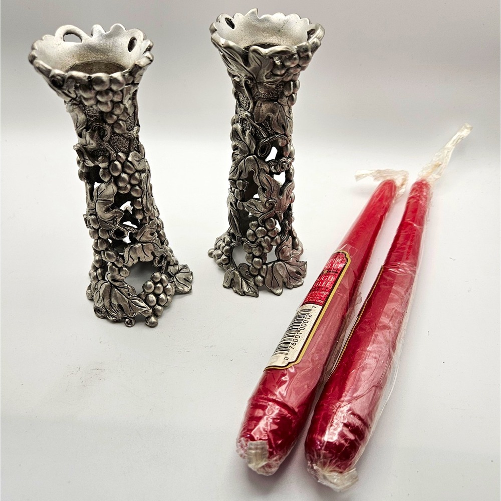Vtg Ornate Seagull Pewter Co. Grape Vine Candlestick handcrafted Hollow-ware